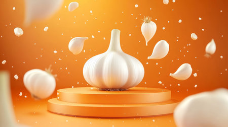Whole Garlic Bulb Center Stage on Orange Podium, Cloves Floating in a Playful Compositionの素材