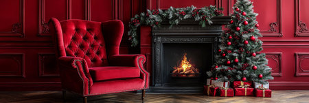 Christmas Fireplace With Green Tree, Gift Boxes, Red Velvet Chair, Garland, Classic Interior Designの素材