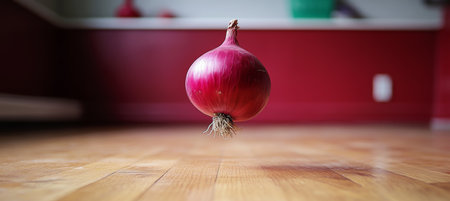 Single red onion levitating above a hardwood floor with a red wall background in a modern kitchen.の素材