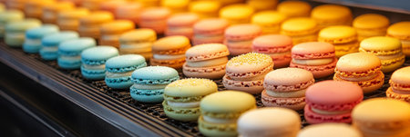 Rows of colorful macaron cookies arranged on a black metal cooling rack. The sweet treats are linedの素材