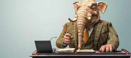 Elephant in a Suit at Desk with Pen, Books, Laptop, and Microphone Business and Leadership Conceptの素材