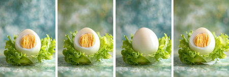 Four perfectly boiled eggs, sliced in half, exposing the yolk and nestled in fresh lettuce leaves.の素材