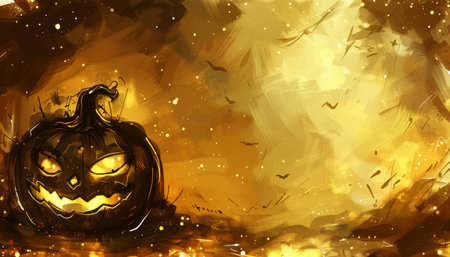 Halloween Pumpkin, Spooky Night, Orange Watercolor Backdrop., Halloween concept with Glowing Pumpkinの素材