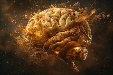 Exploding Golden Brain A Symbol of Creativity, Innovation, And Artificial Intelligence.の素材