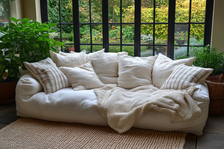 Cozy Daybed Sofa in Modern Living Room Lit By Sunlight And Abundance of Foliage Outside Windows,の素材