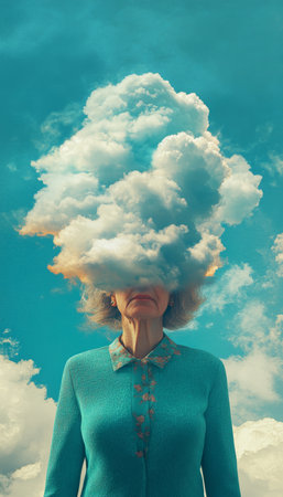 Woman With Head In The Clouds, Surreal Portrait, Daydreaming Concept, Abstract Photographyの素材