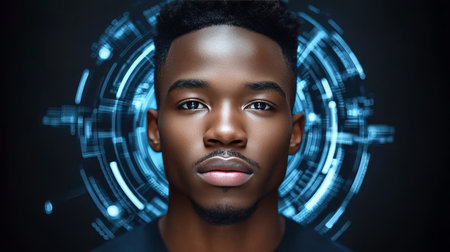 Serious Young Man With Futuristic Digital Graphics Around His Head, Artificial Intelligence Conceptの素材