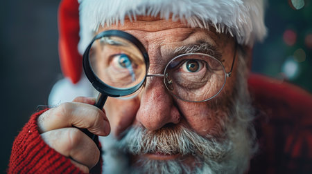 Santa Claus With Magnifying Glass Checks His List, Christmas Spirit And Holiday Preparationsの素材