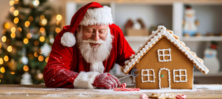 Santa Claus with a white beard building a gingerbread house with candy, Christmas conceptの素材