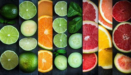 Citrus Variety Collage Limes, Lemons, Oranges, Grapefruits, and Mint on Black Background.の素材