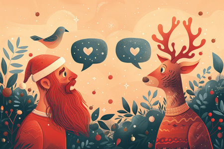 Christmas Love Story Santa Claus and Reindeer Share a Heartfelt Moment in Festive Illustrationの素材
