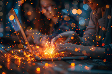 Teamwork And Innovation Women Developers Coding On Laptop With Abstract, Fiery Effectsの素材