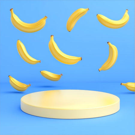 Yellow Platform Podium With Many Fresh Bananas On A Solid Light Blue Background. 3D. Rendering.の素材