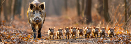 Wild Boar Family, Sus Scrofa, Mother with Nine Striped Piglets Running on a Sunny Forest Roadの素材