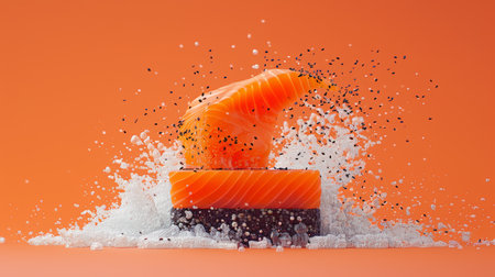 Fresh Salmon Fillet Splashing into Water with Black Sesame Seeds on an Orange Backgroundの素材