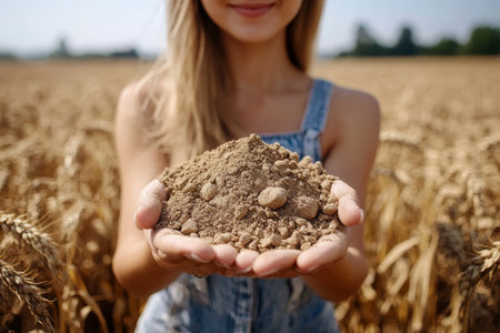Close Up, Womans Hands Holding Fertile Soil, Celebrating Harvest in a Golden Wheat Fieldの素材