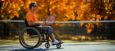 Smiling Mature Man in Wheelchair Playing Tennis On Court, sport for People with Disabilityの素材
