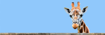 Giraffe with Expressive Face Peeking Over Wooden Fence Isolated on Blue Backgroundの素材