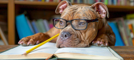 Cute Bulldog Wearing Eyeglasses Lies on Desk with Books, Pencil and Notebook, Education Conceptの素材