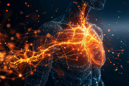 Human Anatomy Circulatory System, 3D Render of Heart with Network Connections and Glowing Energyの素材