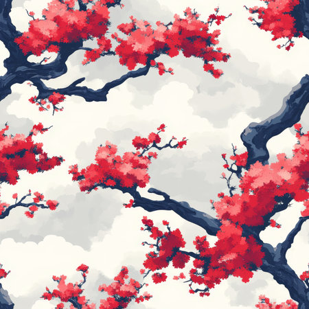 Japanese Style Floral Seamless Pattern, Blooming Sakura on Cloudy Sky, Vector Illustrationの素材