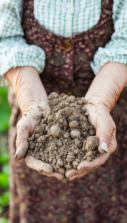 Senior Womans Hands, Holding Fertile Soil. Cupping Rich, Brown Earth. Gardening Concept.の素材