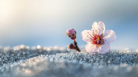 Delicate Pink Almond Flower Blooming on Frosty Ground in Spring, Sign of New Life and Hopeの素材