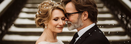 Intimate Mature Couple Shares a Tender Moment with Falling Snowflakes on Their Winter Wedding Dayの素材