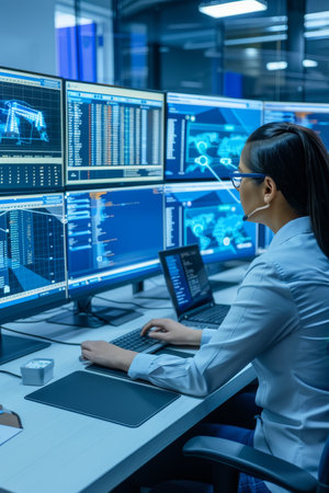 Female Security Analyst Monitoring Network Traffic on Multiple Screens at Control Centerの素材