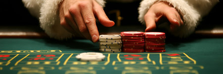 Close-up of Santas Hands Stacking White, Red, and Green Poker Chips on a Green Felt Tableの素材