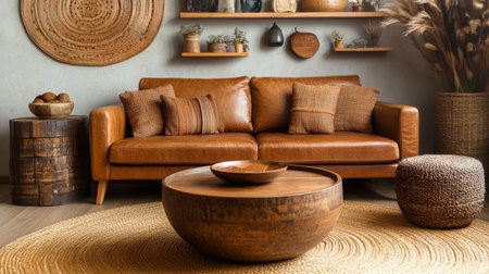 Bohemian Living Room Interior Design Leather Sofa, Wicker Furniture, and Ethnic Decorationsの素材