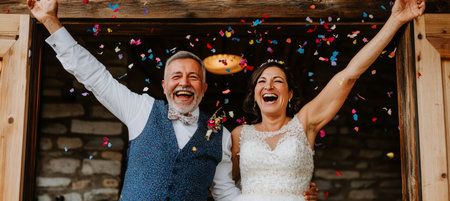 Joyous Mature Couple Celebrates Their Wedding Day Covered In Confetti At A Rustic Barnの素材