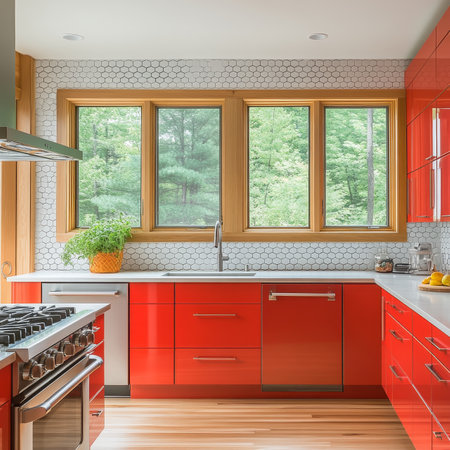 Modern, Minimalist Kitchen Design in Red and White with Large Windows and Natural Lightの素材
