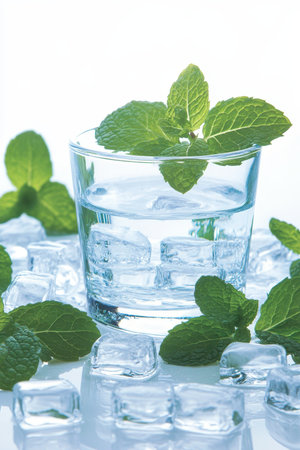 Invigorating Refreshment Glass of Ice Water with Fresh Mint Sprigs on a White Backgroundの素材