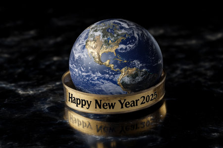 Planet Earth Encircled by a Gold Band With the Message, Happy New Year 2025, Black Backgroundの素材