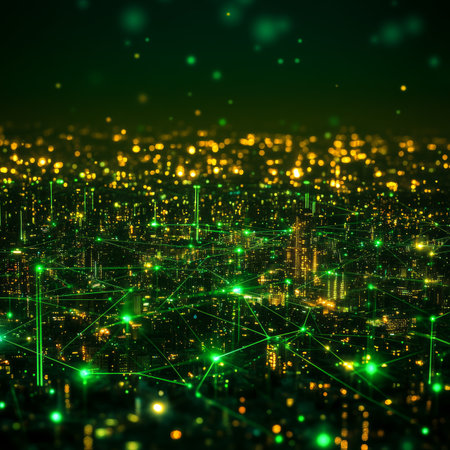 Connected Cityscape Network of Green Lights Illuminating the Urban Landscape at Nightの素材