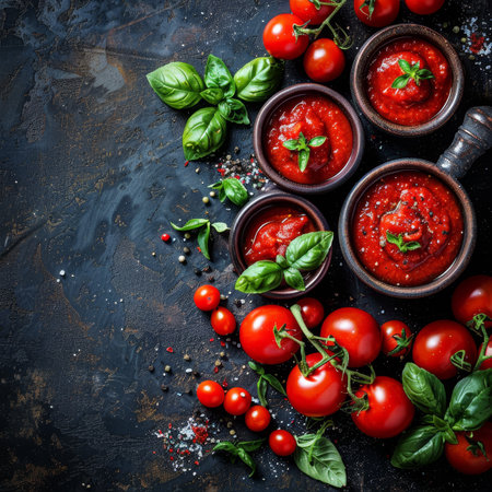 Fresh Homemade Tomato Sauce. Jars of Tomato Passata, Tomatoes, Basil,, on Dark Background, Top Viewの素材
