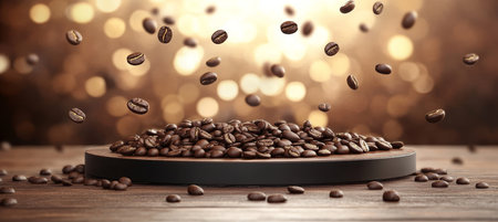 Aromatic Roasted Coffee Beans Cascading onto a Wooden Tray, Creating a Visually Appealing Displayの素材