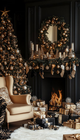 Black and Gold Christmas Interior, Cozy Armchair, Fireplace, Gifts, Decorated Fir Treeの素材