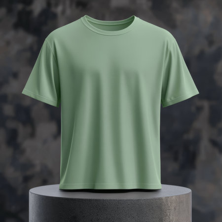 Blank Sage Green Cotton T-Shirt Apparel Mockup on Concrete Cylinder, Minimal Style, Front Viewの素材