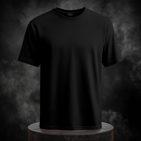 Black T-Shirt Mockup on Wooden Stand, Dark Smokey Background, Casual Wear, Fashion Apparelの素材