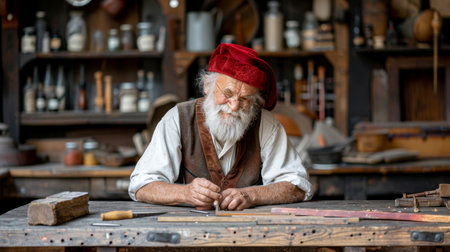 Senior Craftsman Working with Tools at Wooden Desk. Traditional Workshop, Heritage Concept.の素材