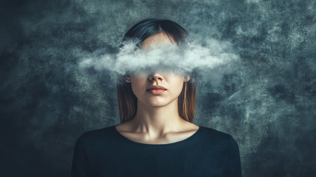 Young Woman With Cloud Covering Her Eyes On Dark Background, Concept Of Mental Health Issuesの素材