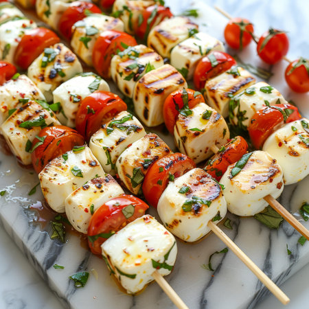 Grilled Halloumi and Cherry Tomato Skewers with Fresh Basil A Delicious Summer Appetizerの素材
