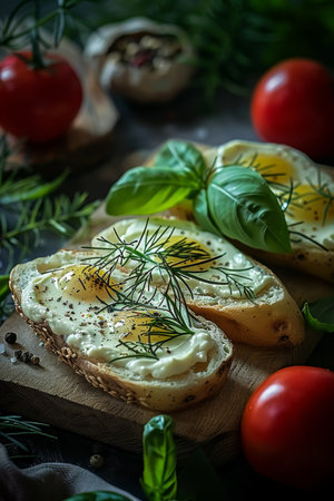Toasted baguette slices with fried eggs, garlic, spices, and fresh herbs on a rustic wooden board.の素材