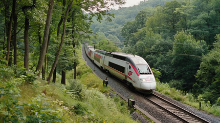 High-Speed Passenger Train on Railway Tracks Traveling Through Beautiful Green Forested Mountains.の素材
