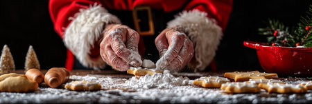 Santa Claus Baking Christmas Cookies on Wooden Table With Icing Sugar In Warm Cinematic Tonesの素材