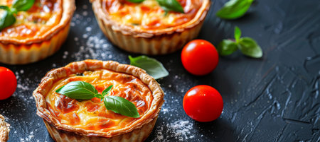 Delicious Mini Quiches with Cheese and Herbs, Served with Fresh Cherry Tomatoes, Top Viewの素材