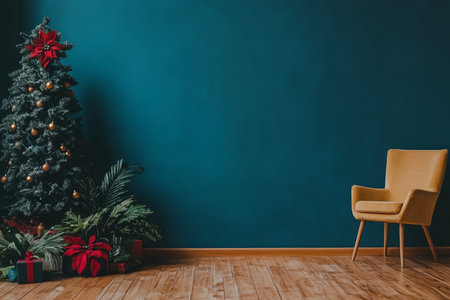 Christmas tree decorated with red poinsettias and golden baubles stands in a room with a teal wall,の素材