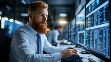Focused Software Developer with Beard Working on Code on Multiple Monitors in Office, Cybersecurityの素材